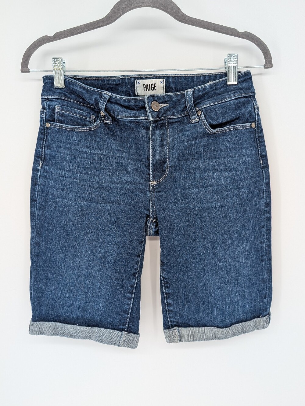 Paige Jax Cuffed Knee Bermuda Denim Shorts | Size 27 | Dark Wash Jorts Roll Cuff